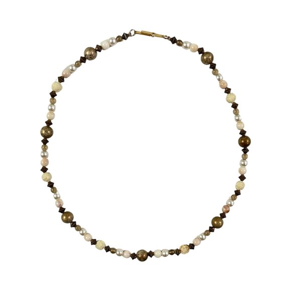 Vintage Necklace One Strand Various Beads  Bronze White Faux Pearl Rose Beads - Picture 3 of 5